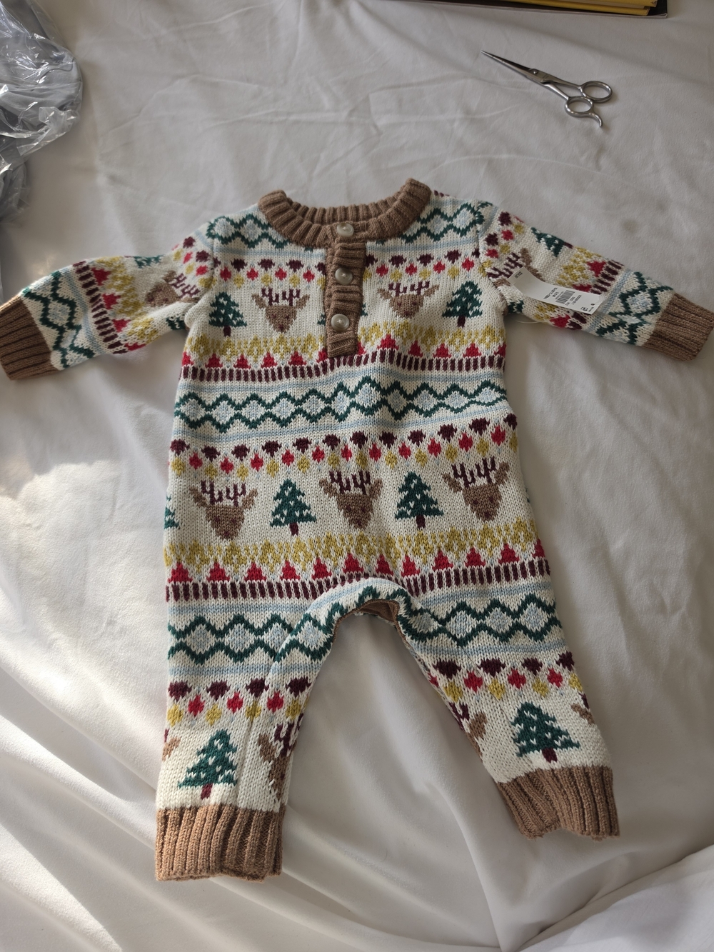 Old Navy Cream Knit Reindeer & Tree One-Piece with Brown Trim